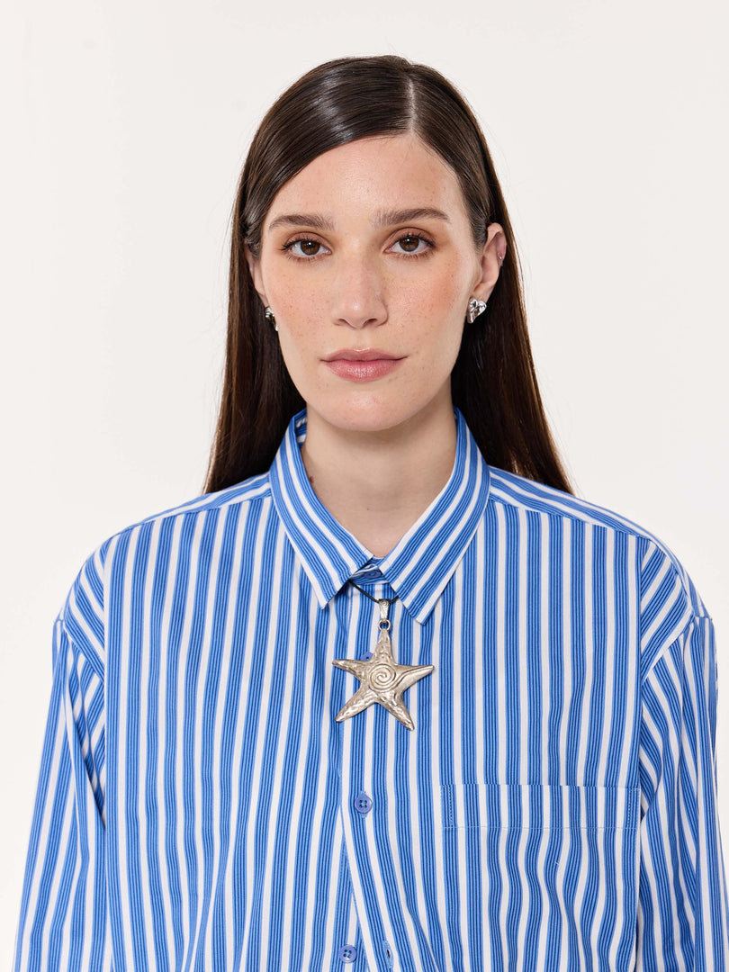Mid Blue & White Striped Poplin Oversized Cropped Shirt