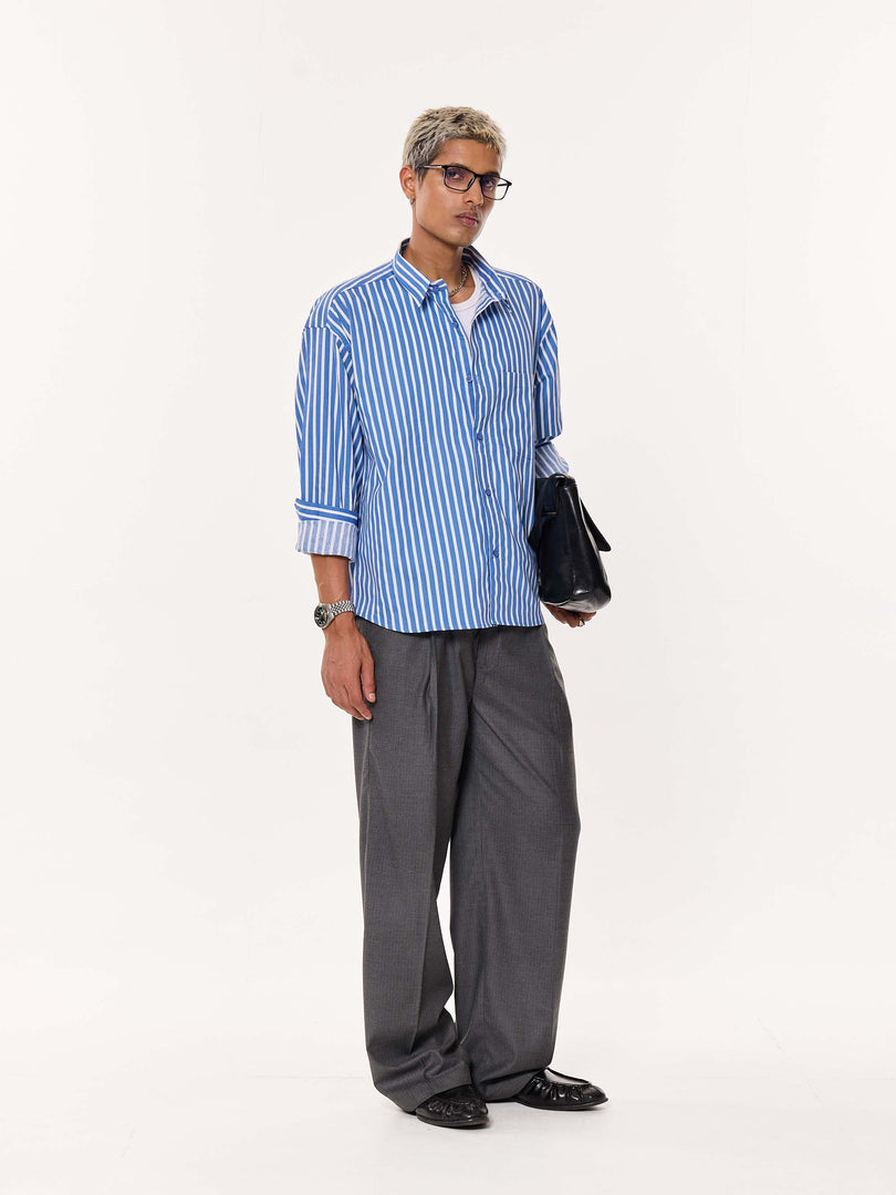 Mid Blue & White Striped Poplin Oversized Cropped Shirt