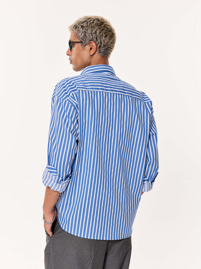 Mid Blue & White Striped Poplin Oversized Cropped Shirt