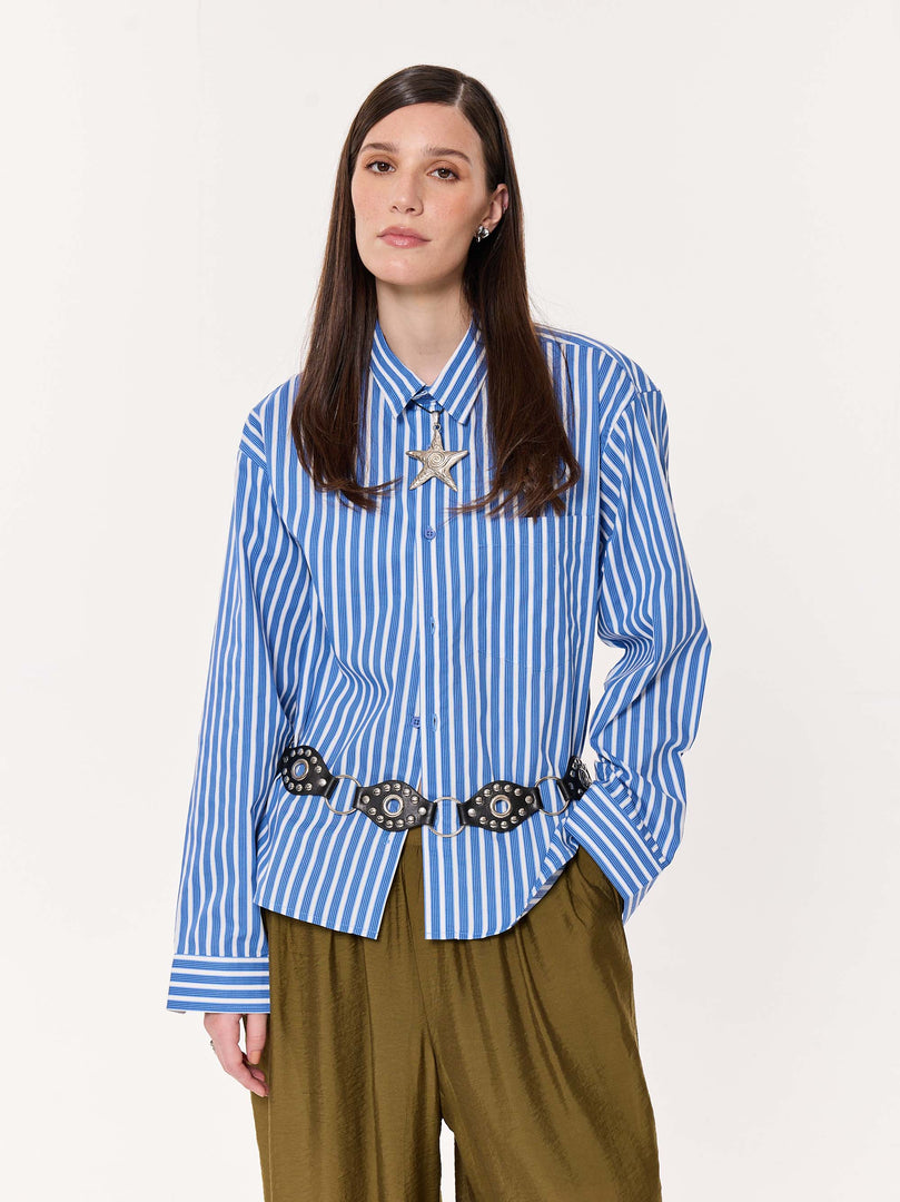 Mid Blue & White Striped Poplin Oversized Cropped Shirt