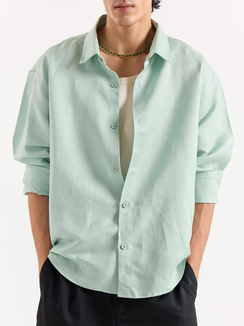 Mint Green Linen Cropped Shirt