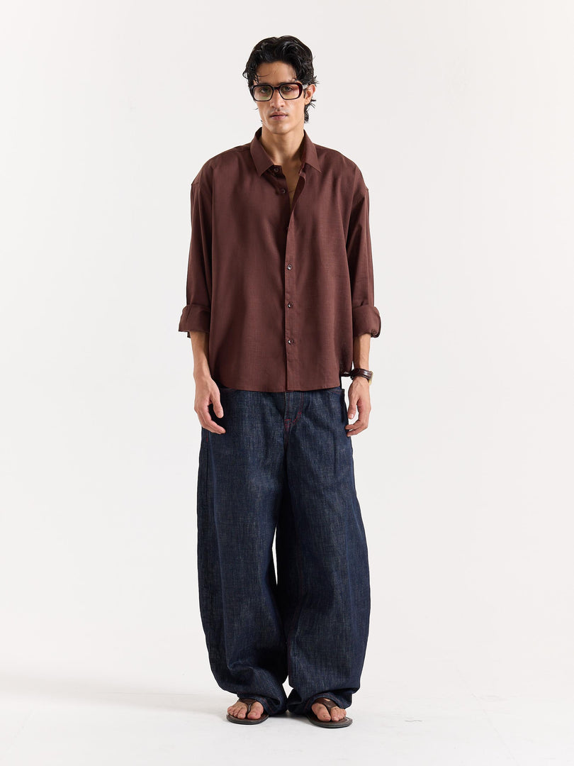 Mocha Brown Linen Cropped Shirt