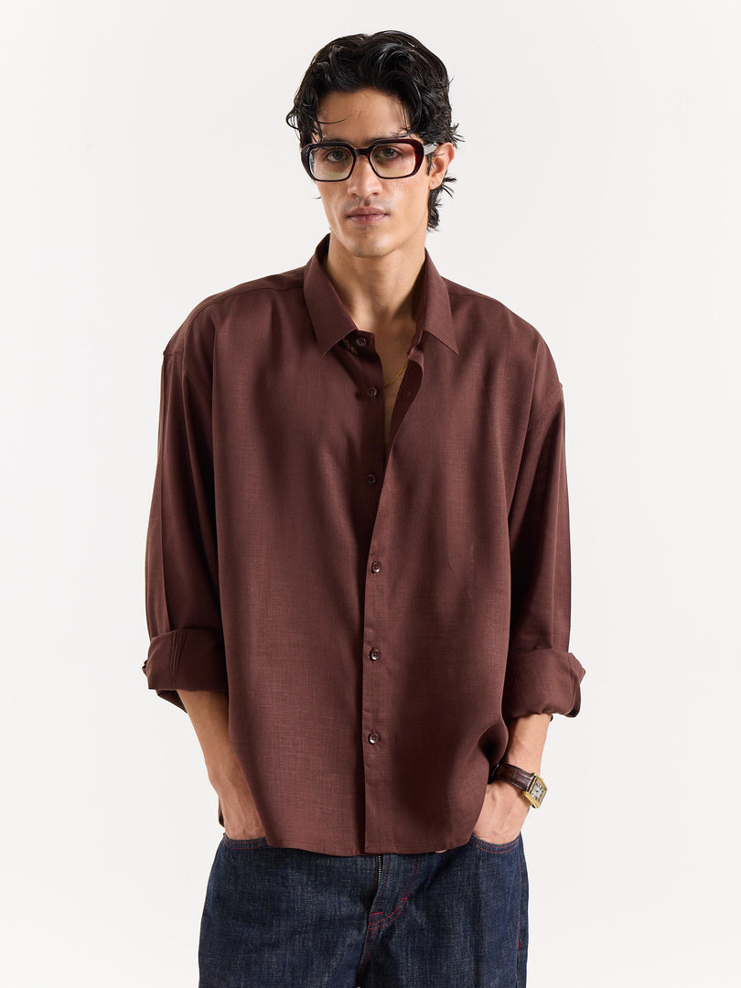 Mocha Brown Linen Cropped Shirt