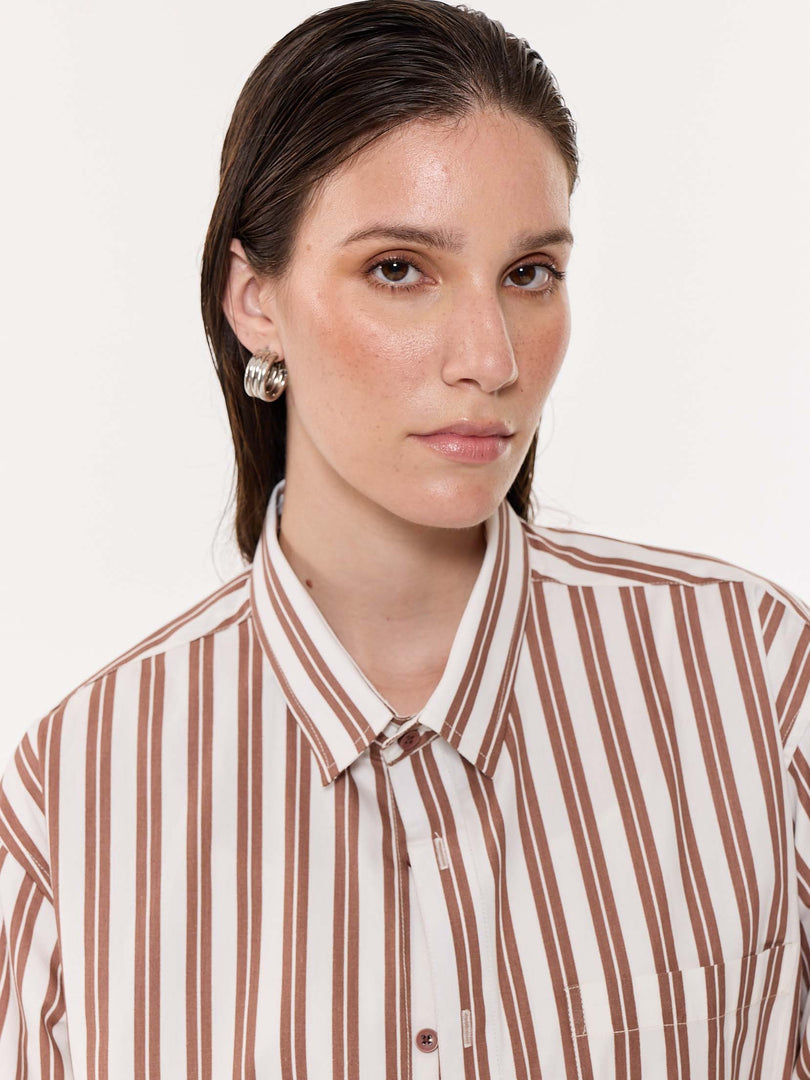 Mocha Striped Oversized Cropped Shirt