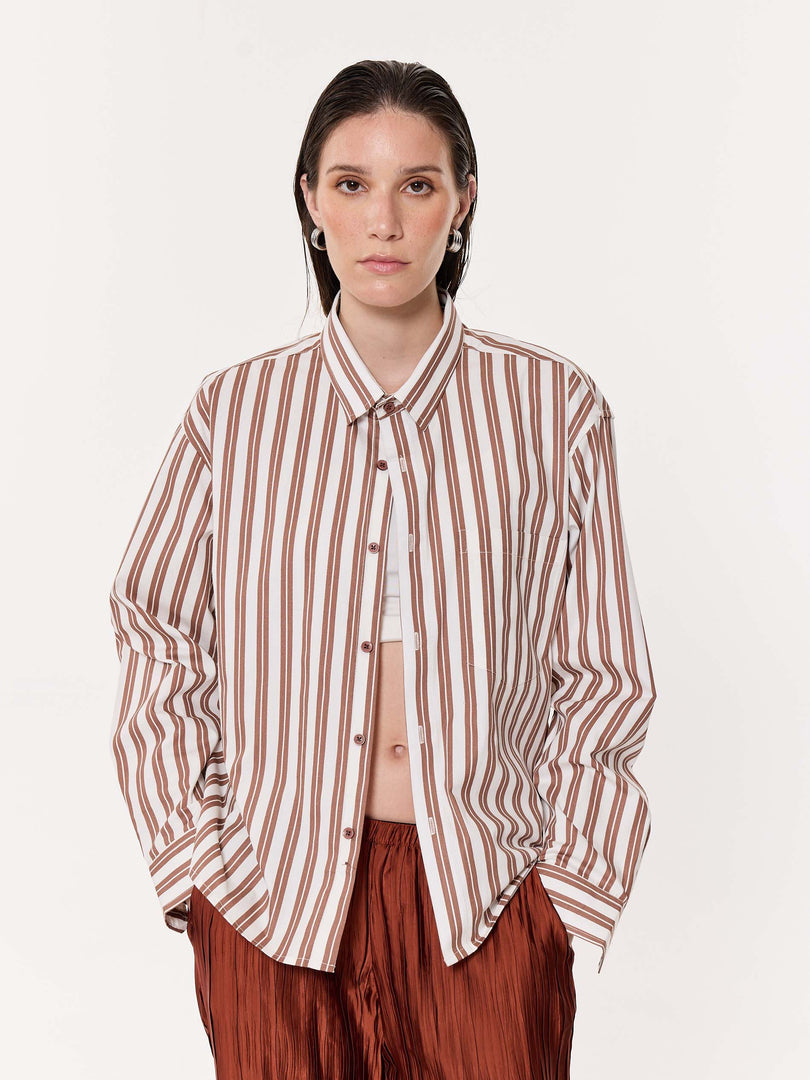 Mocha Striped Oversized Cropped Shirt