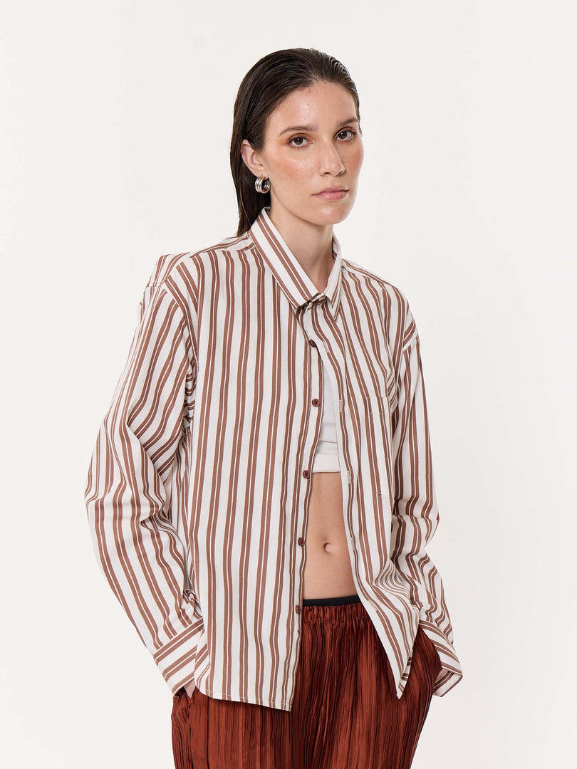 Mocha Striped Oversized Cropped Shirt