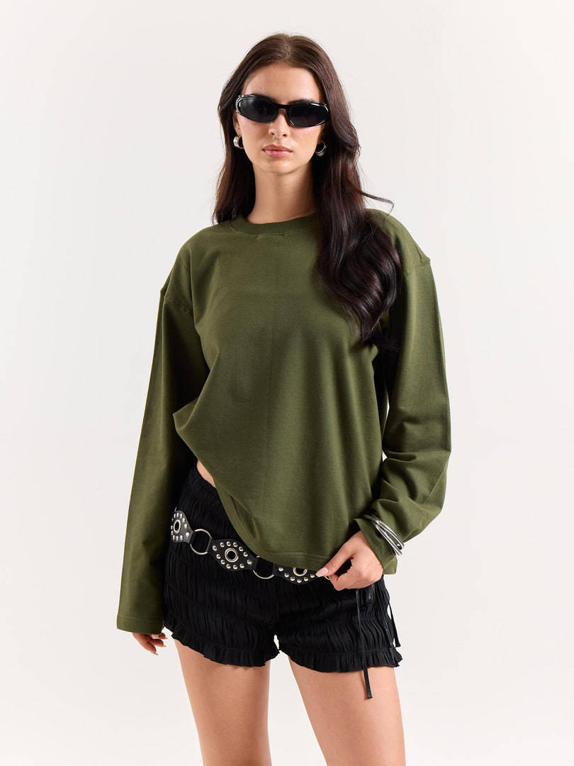 Moss Green Loose Fit Cropped T-Shirt