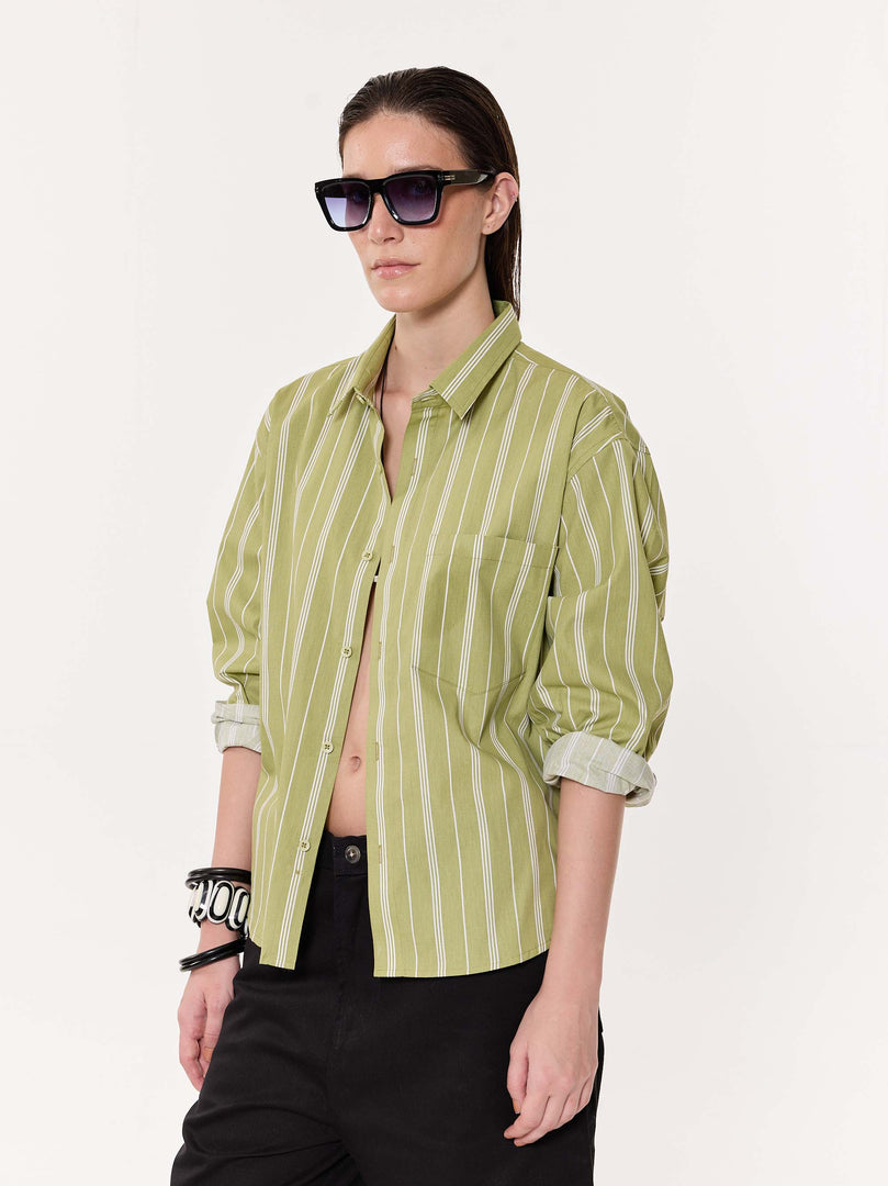 Moss Green Striped Oversized Cropped Shirt