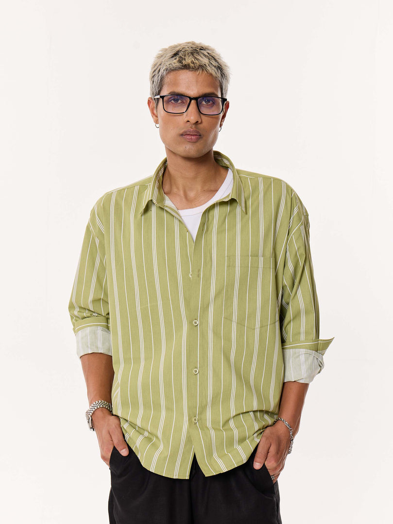 Moss Green Striped Oversized Cropped Shirt