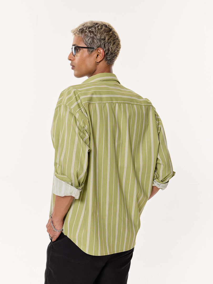 Moss Green Striped Oversized Cropped Shirt