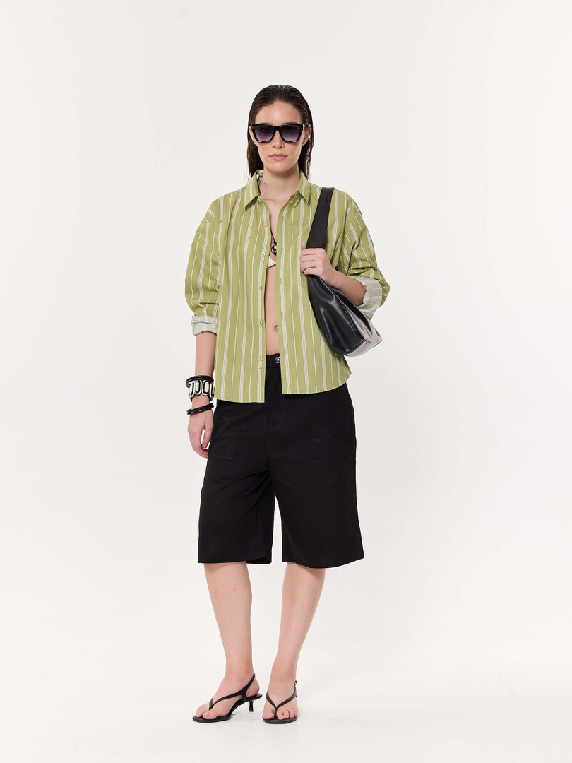 Moss Green Striped Oversized Cropped Shirt