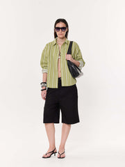 Moss Green Striped Oversized Cropped Shirt