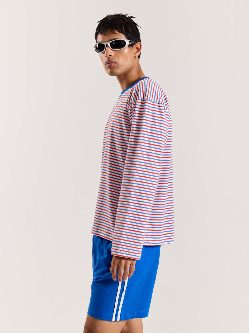 Multicolour Striped Loose Fit Cropped T-Shirt