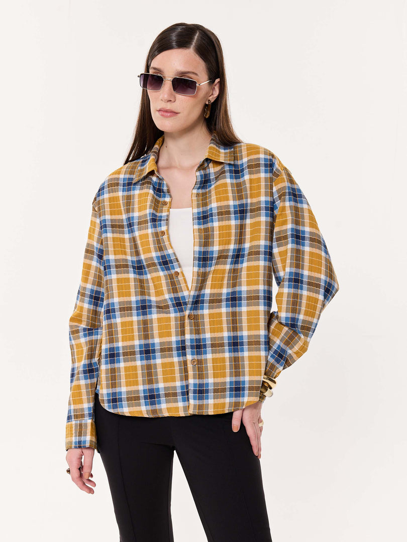 Mustard Yellow Multichecked Oversized Cropped Shirt