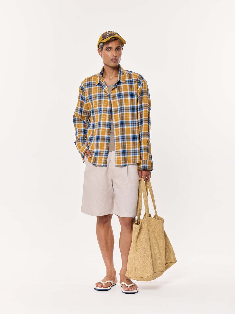Mustard Yellow Multichecked Oversized Cropped Shirt