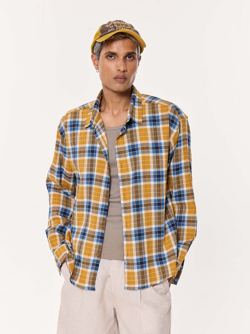 Mustard Yellow Multichecked Oversized Cropped Shirt