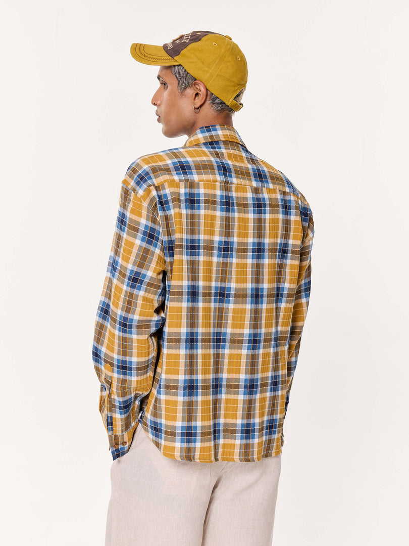 Mustard Yellow Multichecked Oversized Cropped Shirt