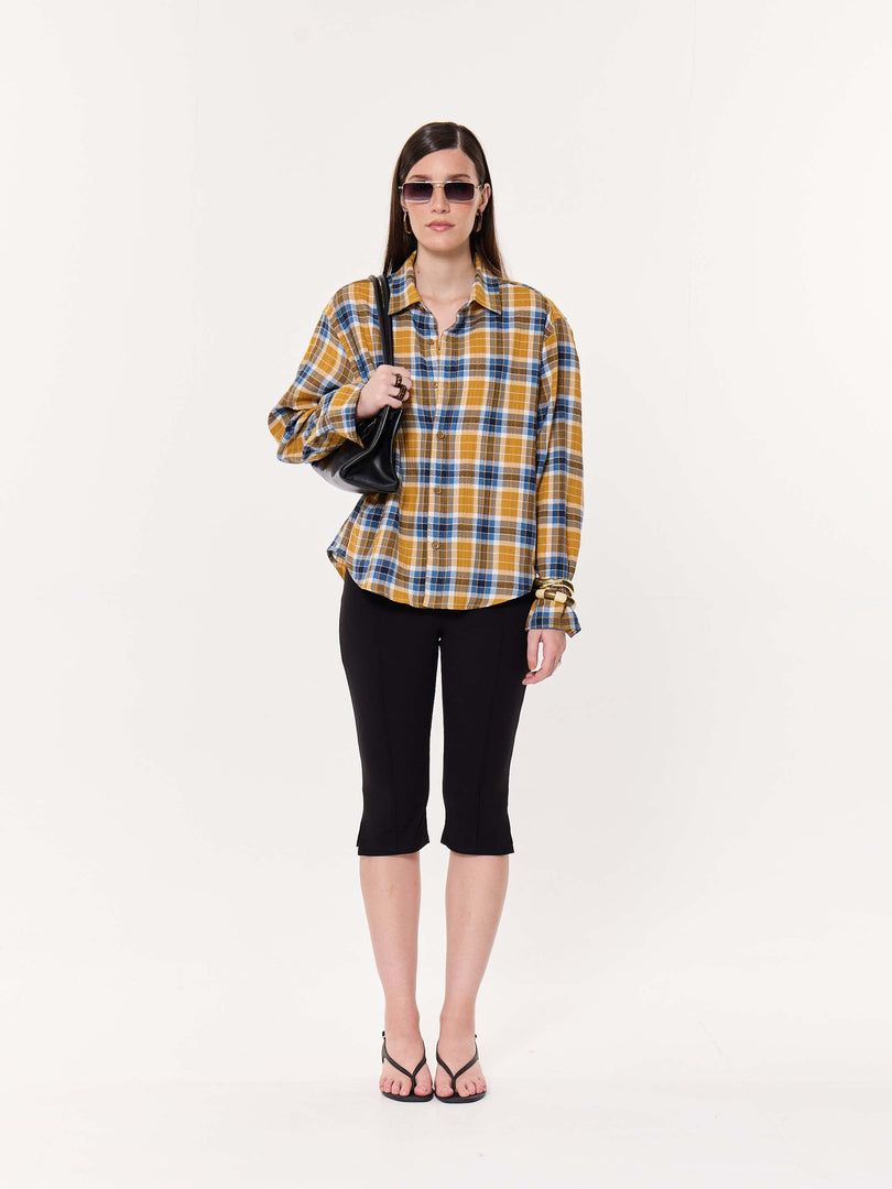 Mustard Yellow Multichecked Oversized Cropped Shirt