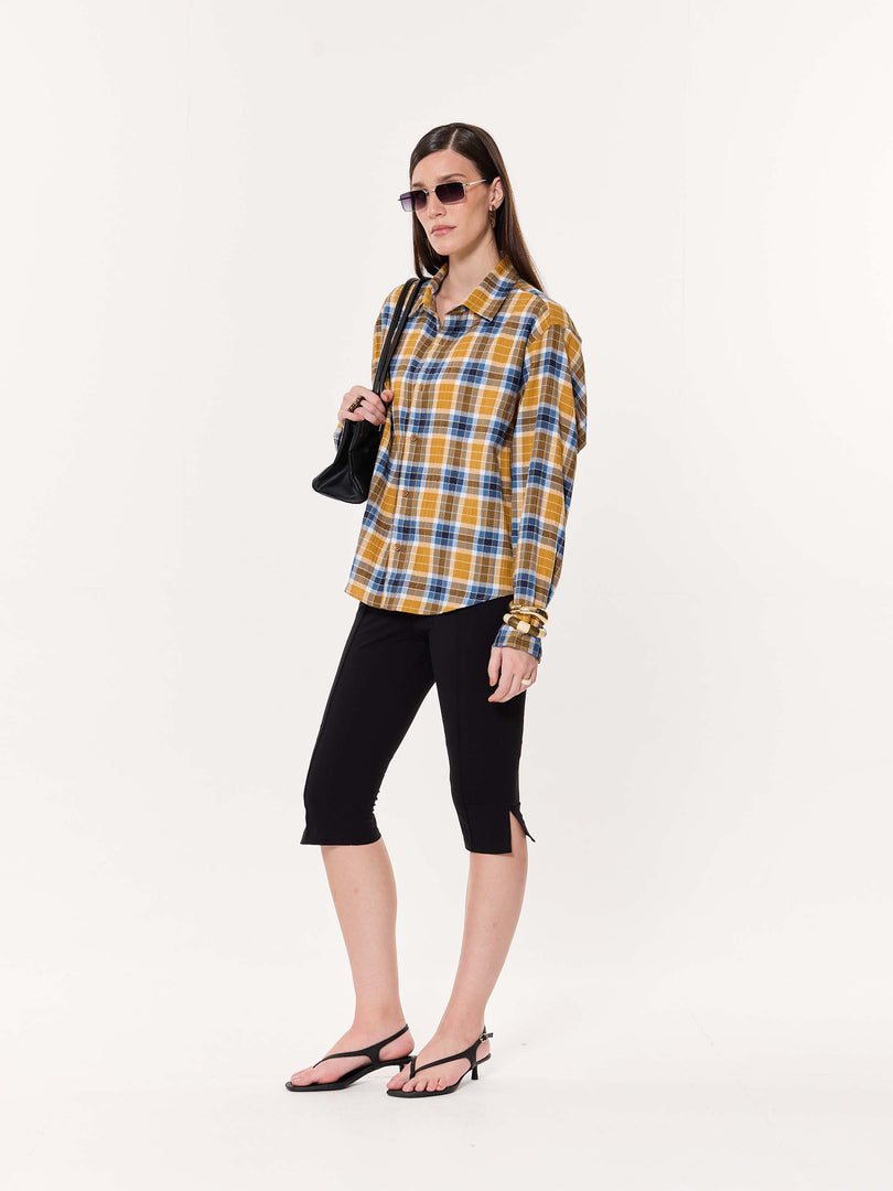 Mustard Yellow Multichecked Oversized Cropped Shirt
