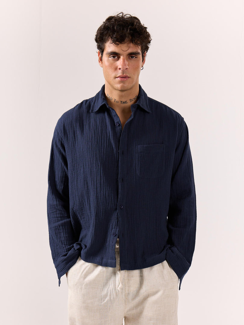 Navy Blue Gauze Holiday Shirt