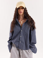 Load image into Gallery viewer, Navy Blue Box Checkered Cropped Shirt