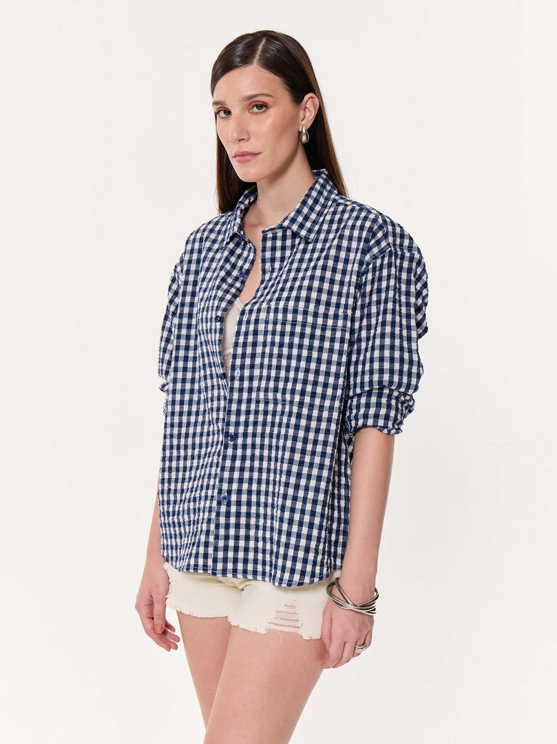 Navy Blue Checkered Seersucker Oversized Cropped Shirt