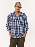 Load image into Gallery viewer, Navy Blue Checkered Seersucker Oversized Cropped Shirt