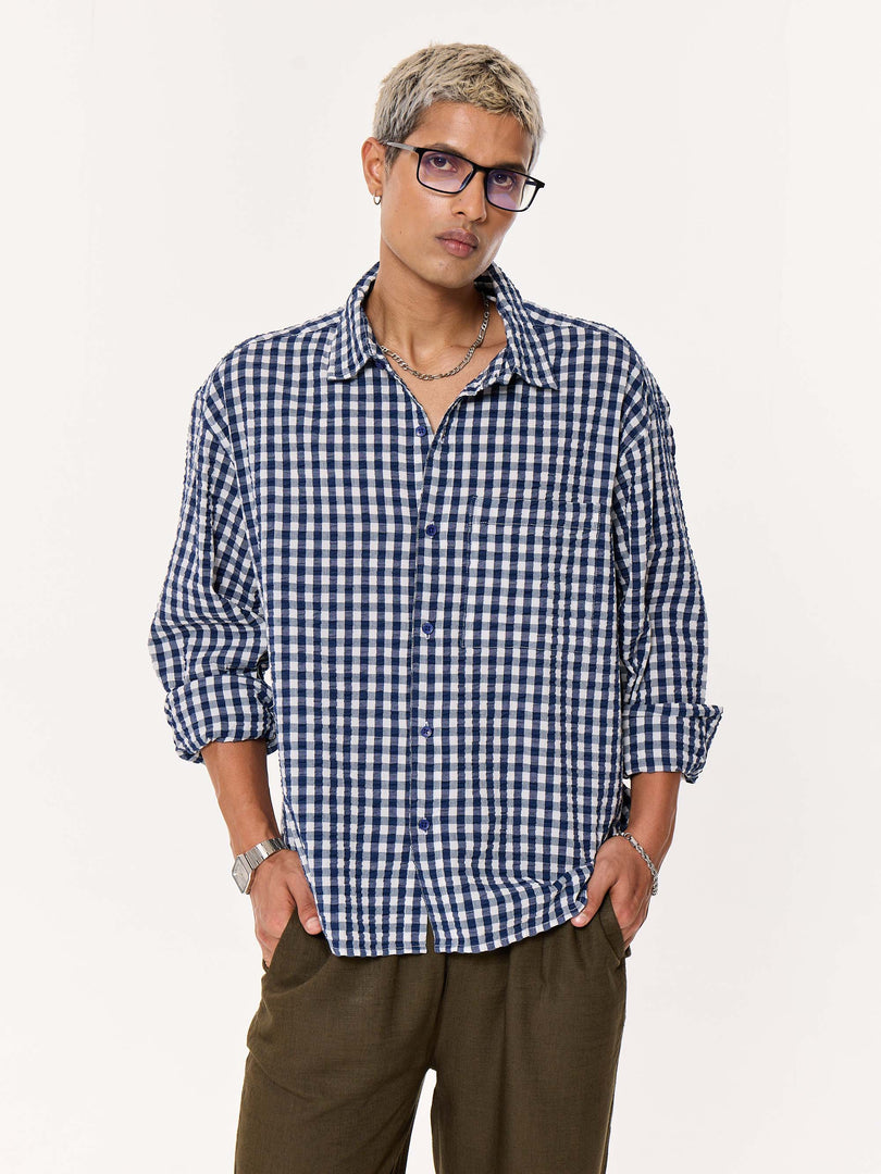 Navy Blue Checkered Seersucker Oversized Cropped Shirt