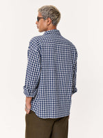 Load image into Gallery viewer, Navy Blue Checkered Seersucker Oversized Cropped Shirt