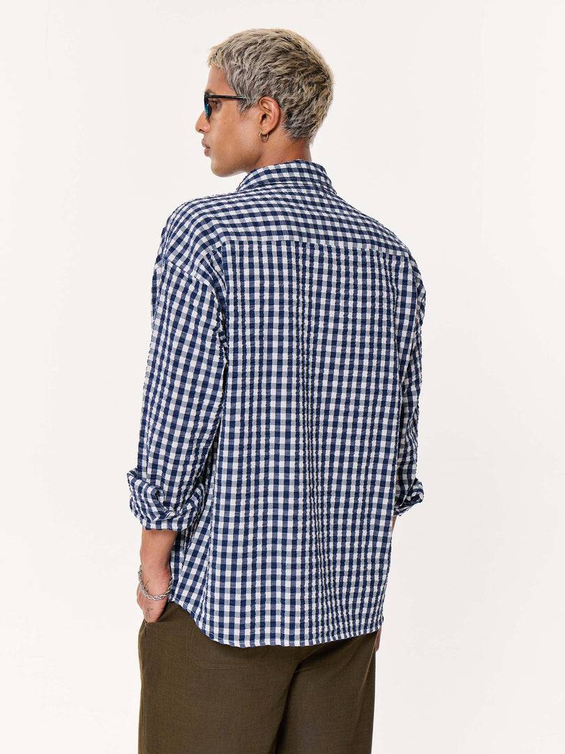 Navy Blue Checkered Seersucker Oversized Cropped Shirt