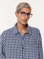 Load image into Gallery viewer, Navy Blue Checkered Seersucker Oversized Cropped Shirt
