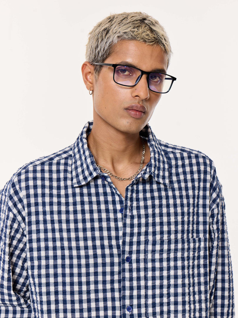Navy Blue Checkered Seersucker Oversized Cropped Shirt