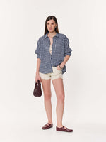 Load image into Gallery viewer, Navy Blue Checkered Seersucker Oversized Cropped Shirt