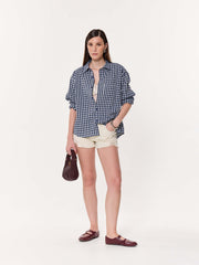 Navy Blue Checkered Seersucker Oversized Cropped Shirt
