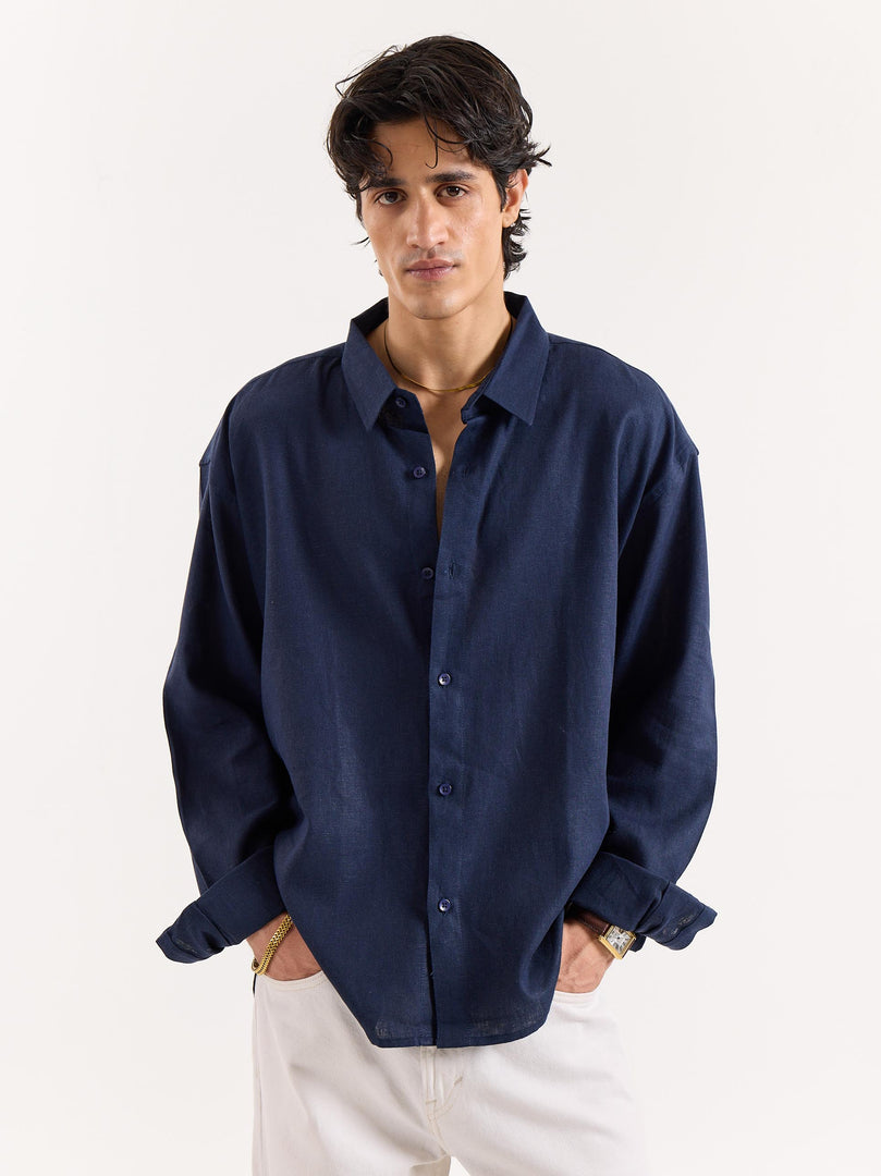 Navy Linen Cropped Shirt
