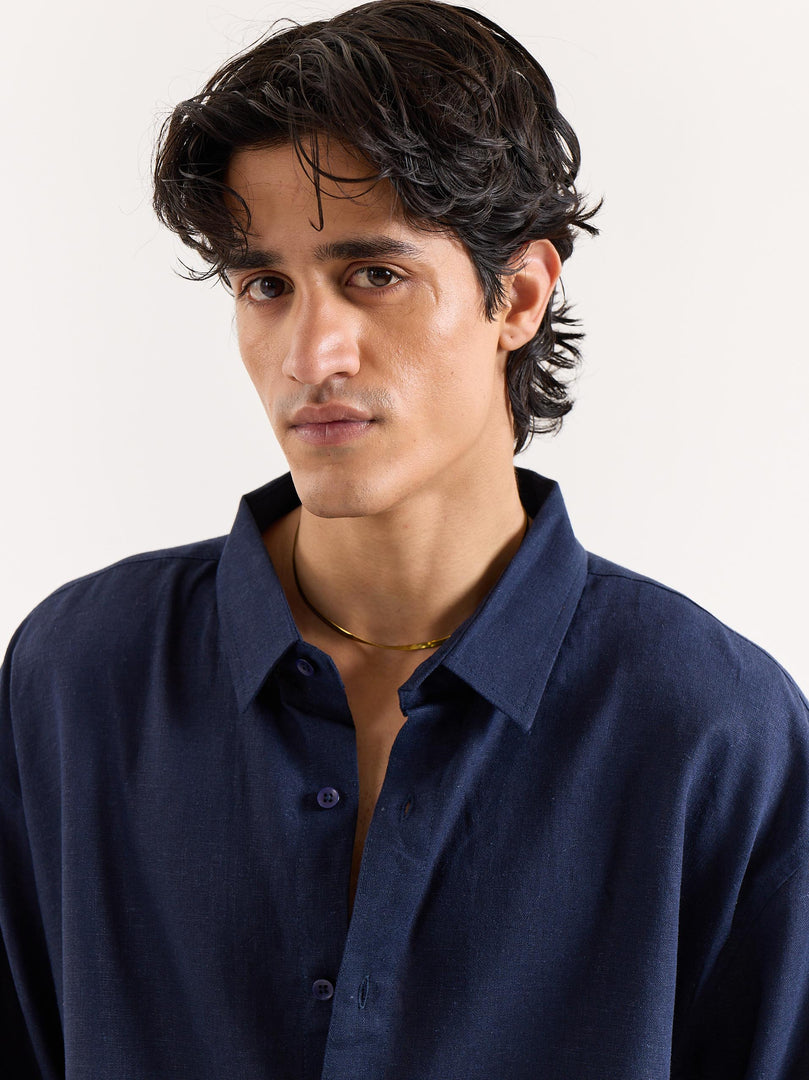 Navy Linen Cropped Shirt