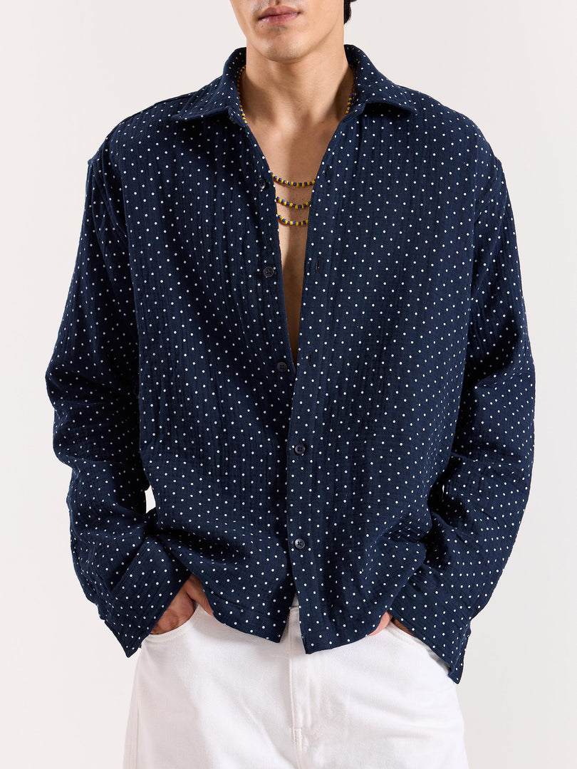 Navy Polka Dot Gauze Holiday Shirt