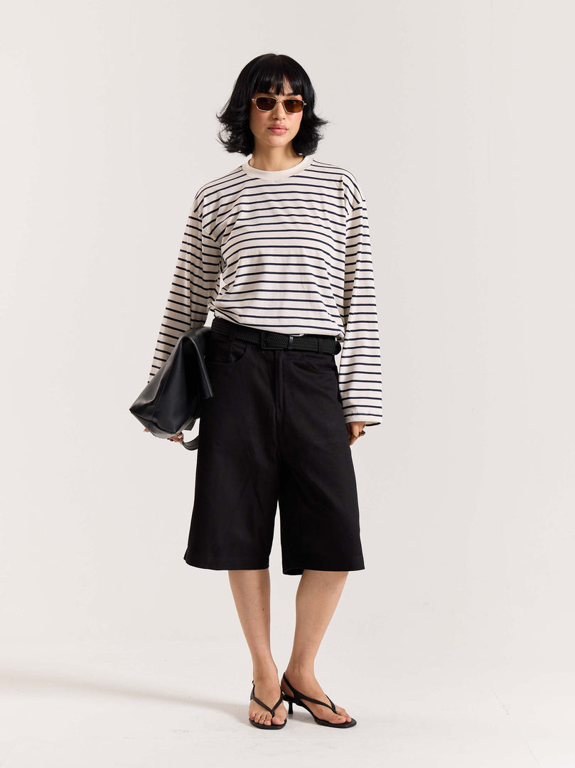 Navy Striped Loose Fit Cropped T-Shirt