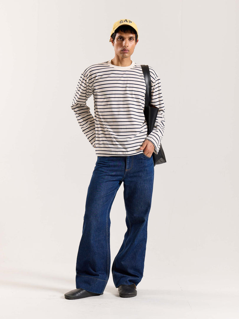Navy Striped Loose Fit Cropped T-Shirt