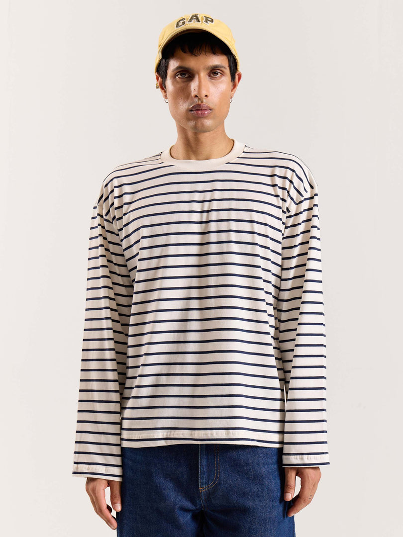 Navy Striped Loose Fit Cropped T-Shirt