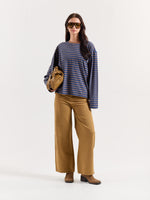 Load image into Gallery viewer, Navy &amp; Beige Chambray Striped Loose Fit Cropped T-Shirt