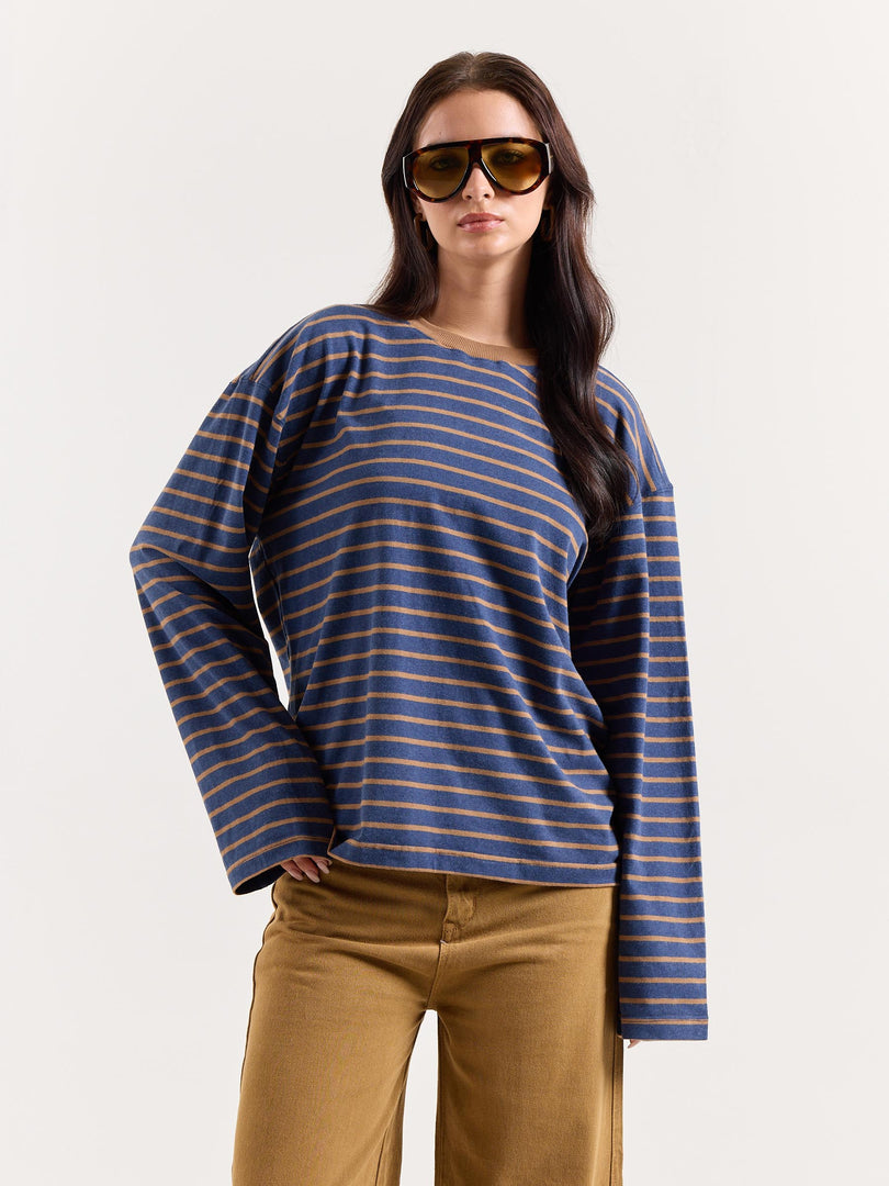 Navy & Beige Chambray Striped Loose Fit Cropped T-Shirt