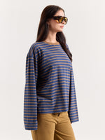 Load image into Gallery viewer, Navy &amp; Beige Chambray Striped Loose Fit Cropped T-Shirt