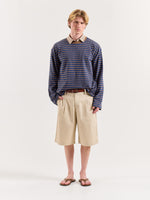 Load image into Gallery viewer, Navy &amp; Beige Chambray Striped Loose Fit Cropped T-Shirt