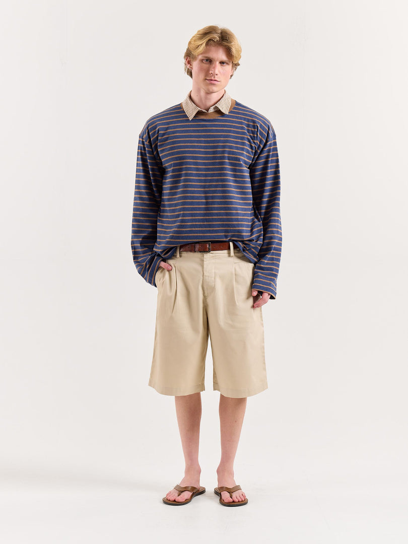 Navy & Beige Chambray Striped Loose Fit Cropped T-Shirt