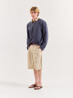 Load image into Gallery viewer, Navy &amp; Beige Chambray Striped Loose Fit Cropped T-Shirt