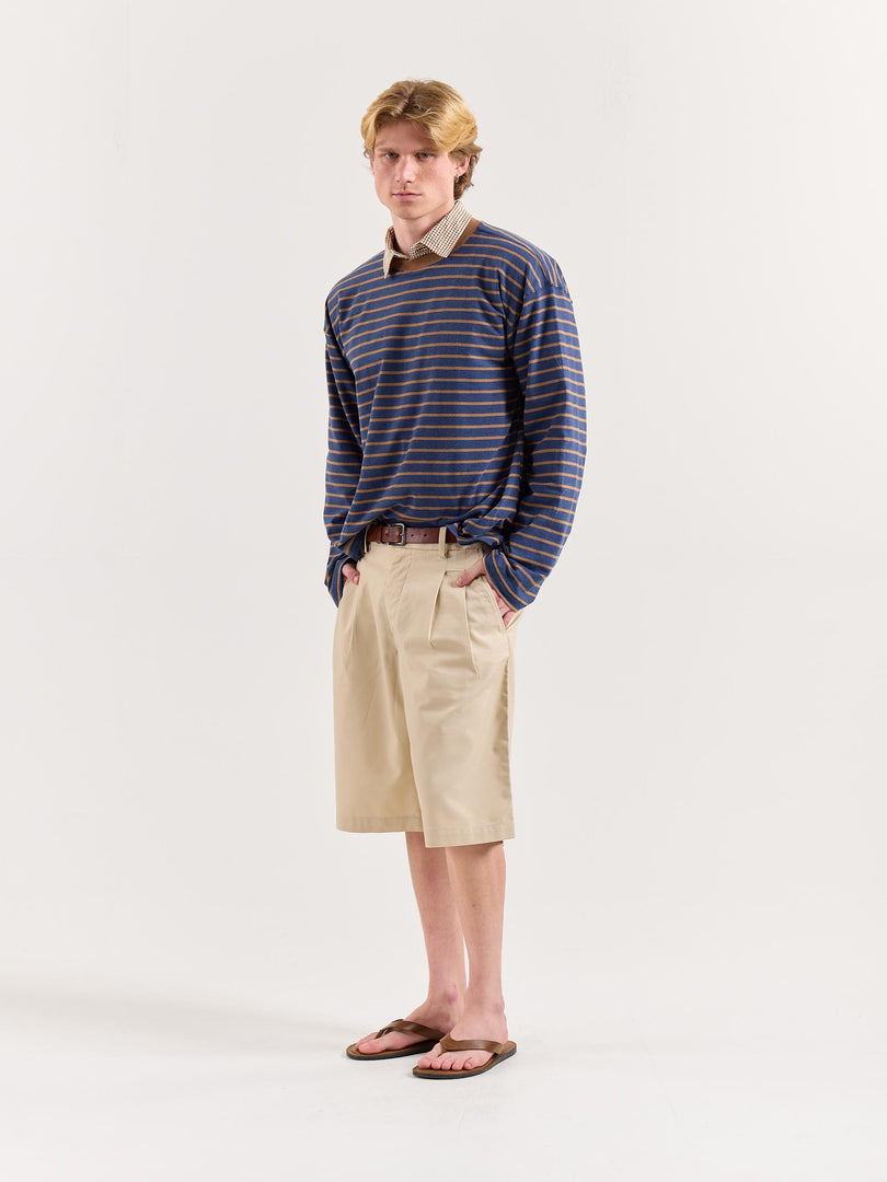 Navy & Beige Chambray Striped Loose Fit Cropped T-Shirt