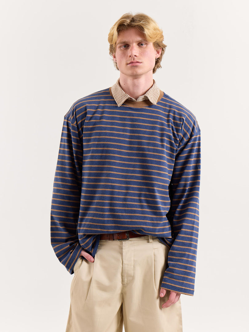 Navy & Beige Chambray Striped Loose Fit Cropped T-Shirt