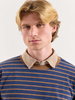 Load image into Gallery viewer, Navy &amp; Beige Chambray Striped Loose Fit Cropped T-Shirt