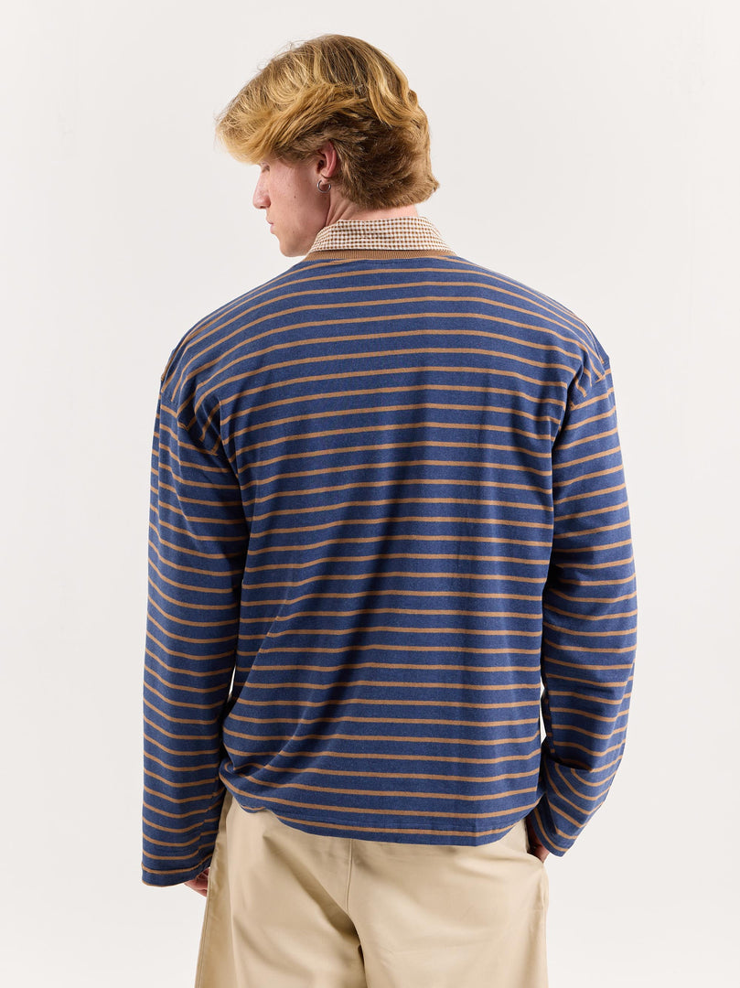 Navy & Beige Chambray Striped Loose Fit Cropped T-Shirt